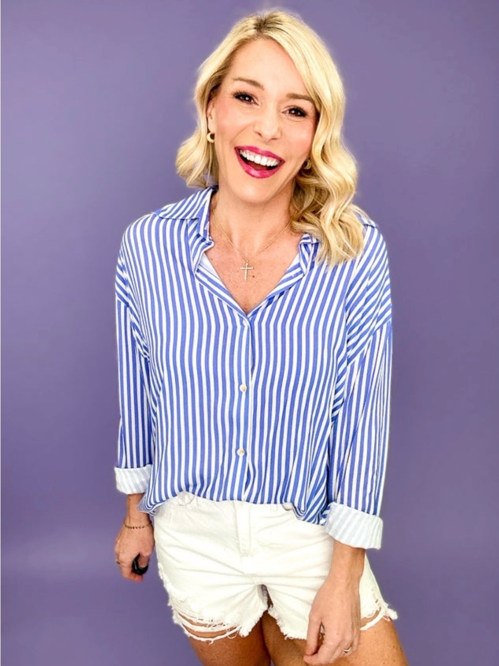 Grace + Emma Blue and White Striped Button-Down Shirt